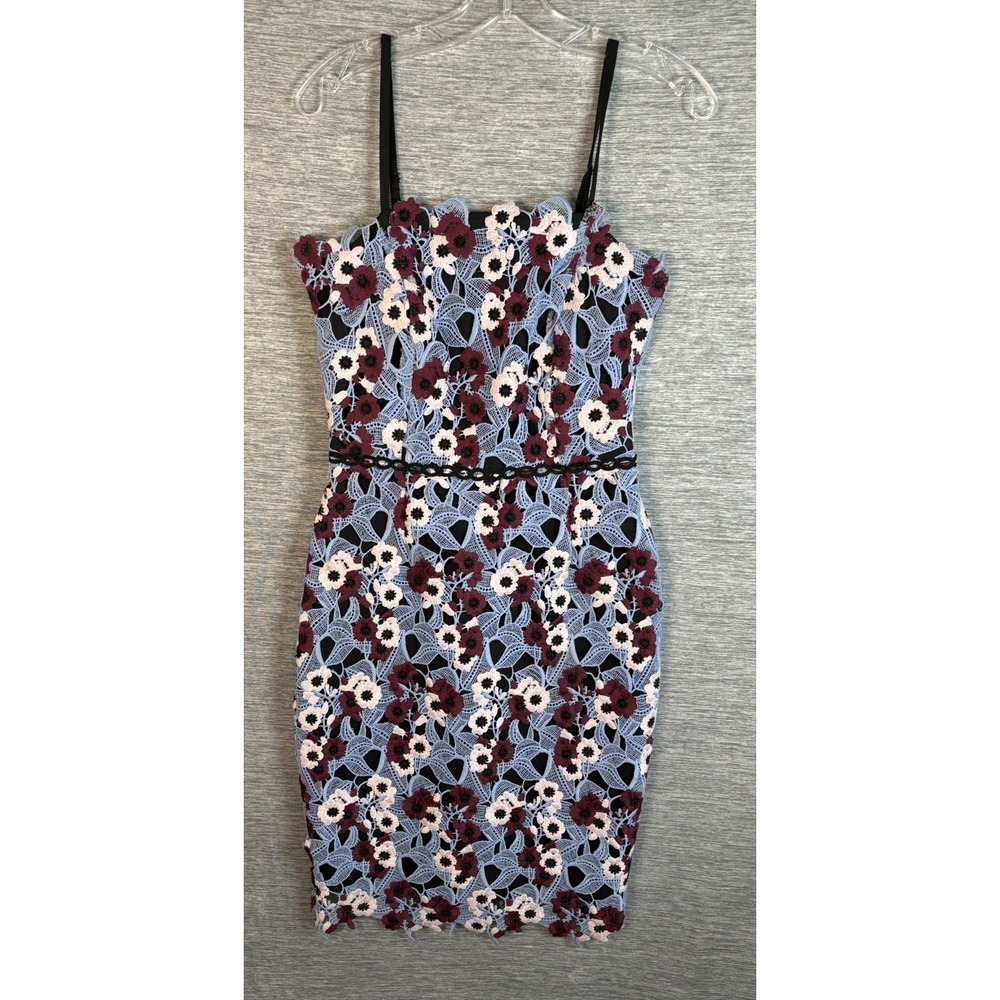 Adelyn Rae Harlow Floral Lace Sheath Dress Women's Size S Blue Burgundy Wedding